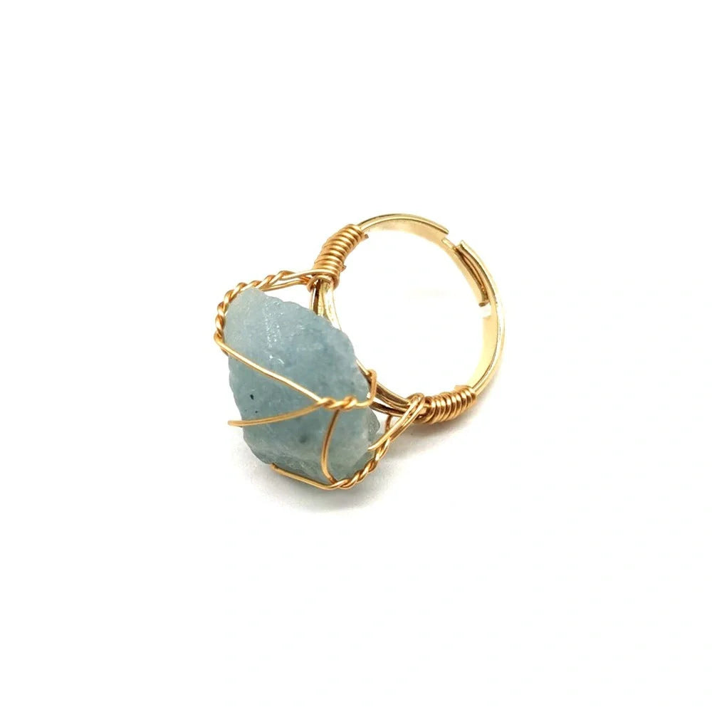 Adjustable hand-wrapped rough stone agate ring in various colours with ethnic design