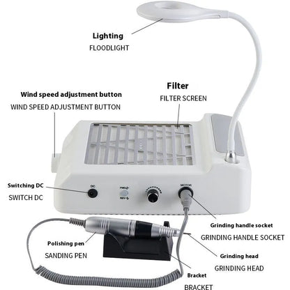 White electric nail grinder with vacuum cleaner and four grinding heads