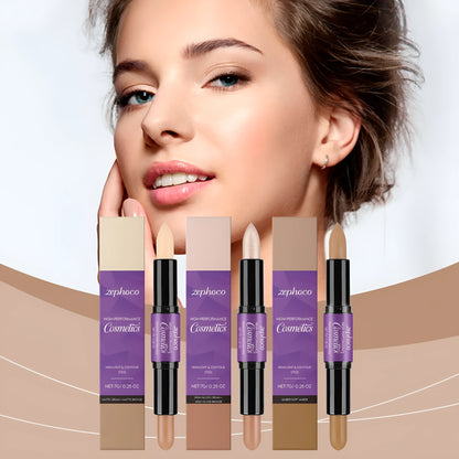 Dual-ended cream highlight and contour makeup stick showing three colour finish options