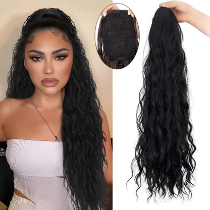 Water ripple long curly synthetic hair extension with drawstring ponytail attachment in multiple colour options