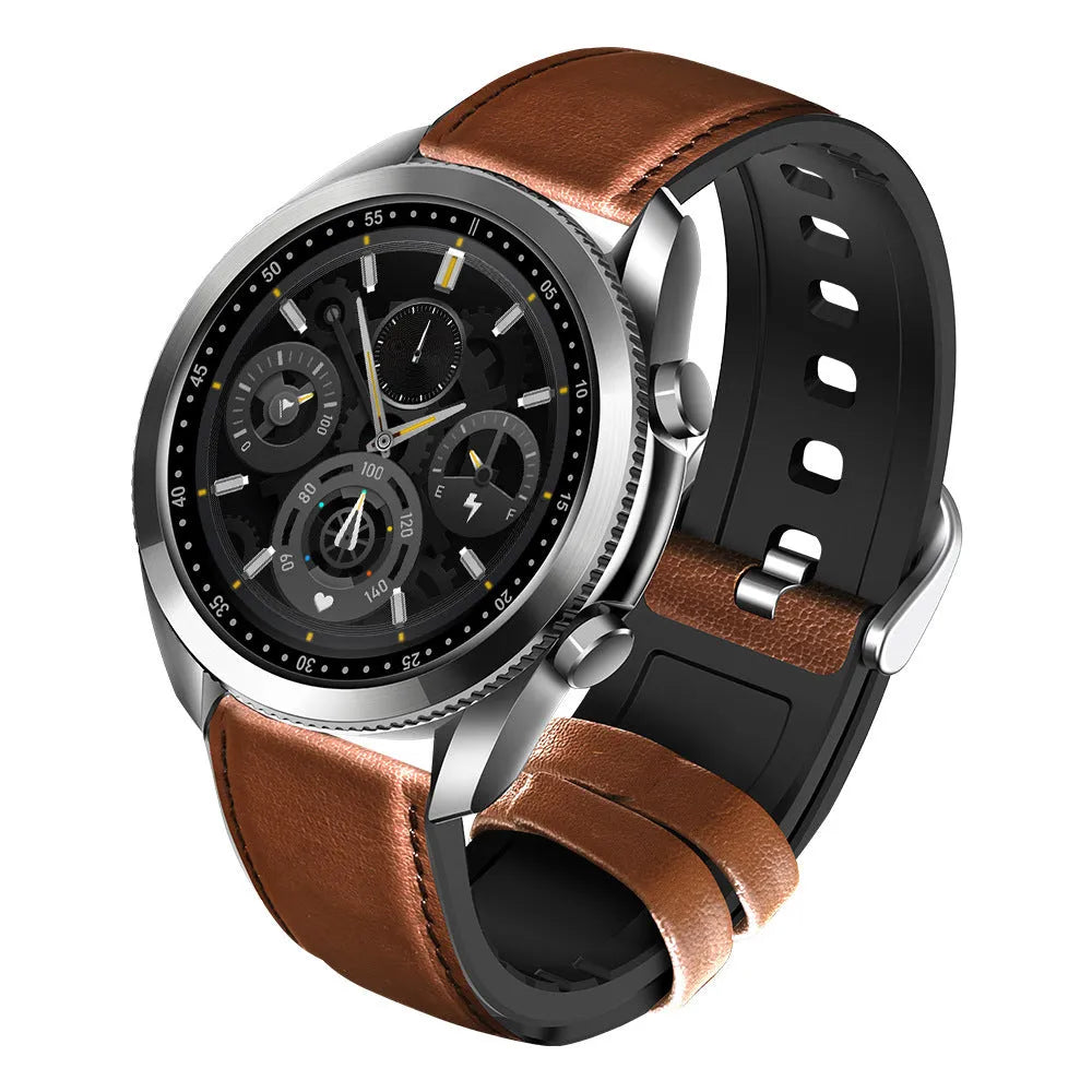 UM90 black smartwatch with leather strap showing large screen displaying heart rate and call function.