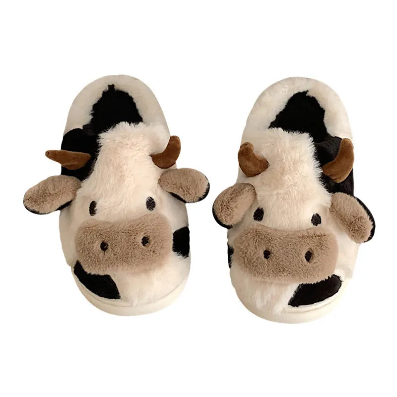 White cow animal slippers with plush faux fur and non-slip PVC soles for women