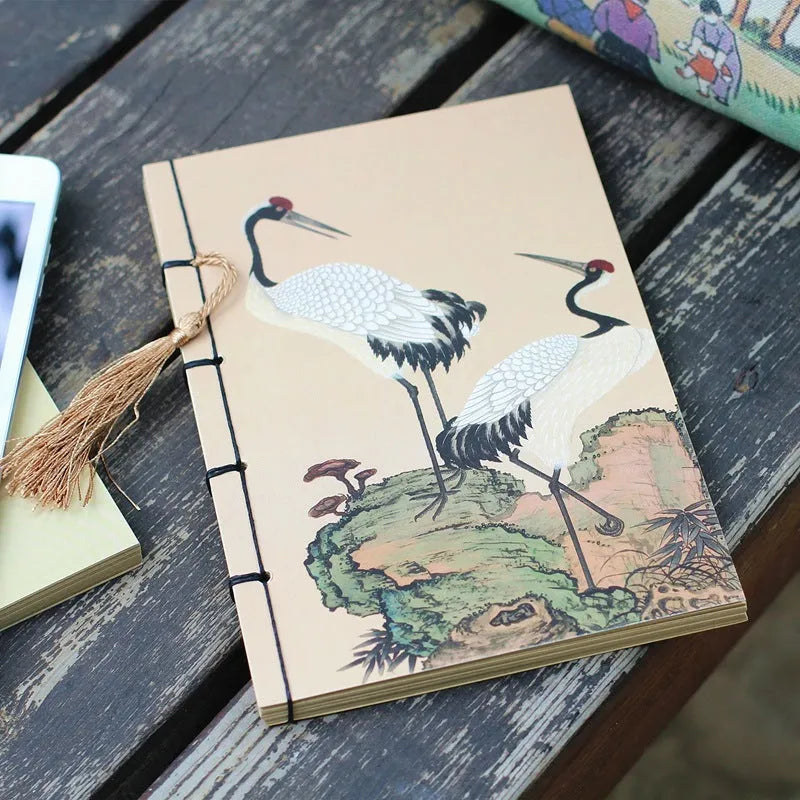 A5 antique wire-bound notebook with classical artwork cover, black oil wax rope binding, and decorative tassels