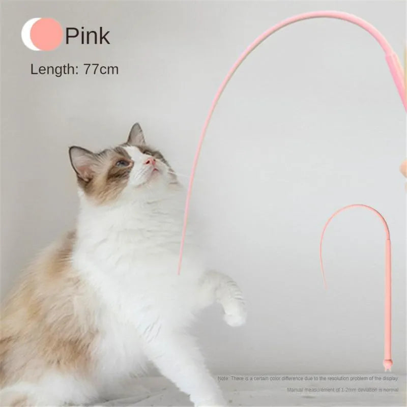 Simulated mouse tail cat teaser toy with blue silicone tail and cat-head handle.