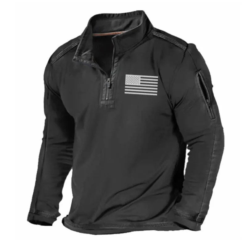 Men's zip-front sweater with stand collar in polyester fibre, showing full-length zip and long sleeves