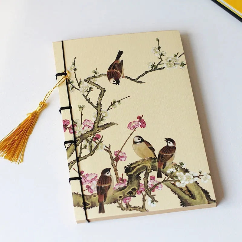 A5 antique wire-bound notebook with classical artwork cover, black oil wax rope binding, and decorative tassels