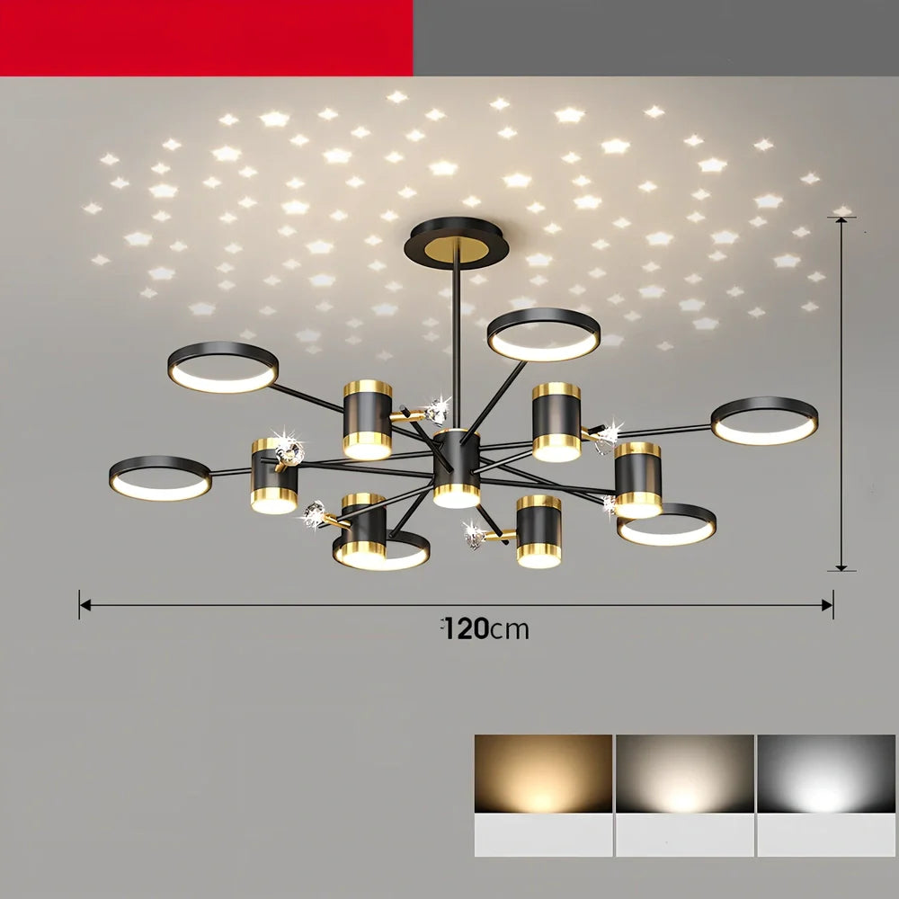 Black iron pendant lamp with 13 light heads, remote control, and adjustable 30cm height for 15-30m² rooms