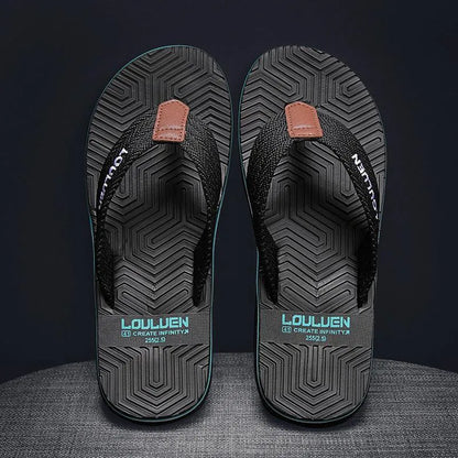 Men's black flip flops with a PVC sole and EVA upper on a plain background.