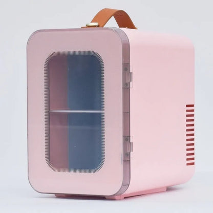 Pink mini refrigerator with transparent door showing 6L capacity for car and home hot cold dual use