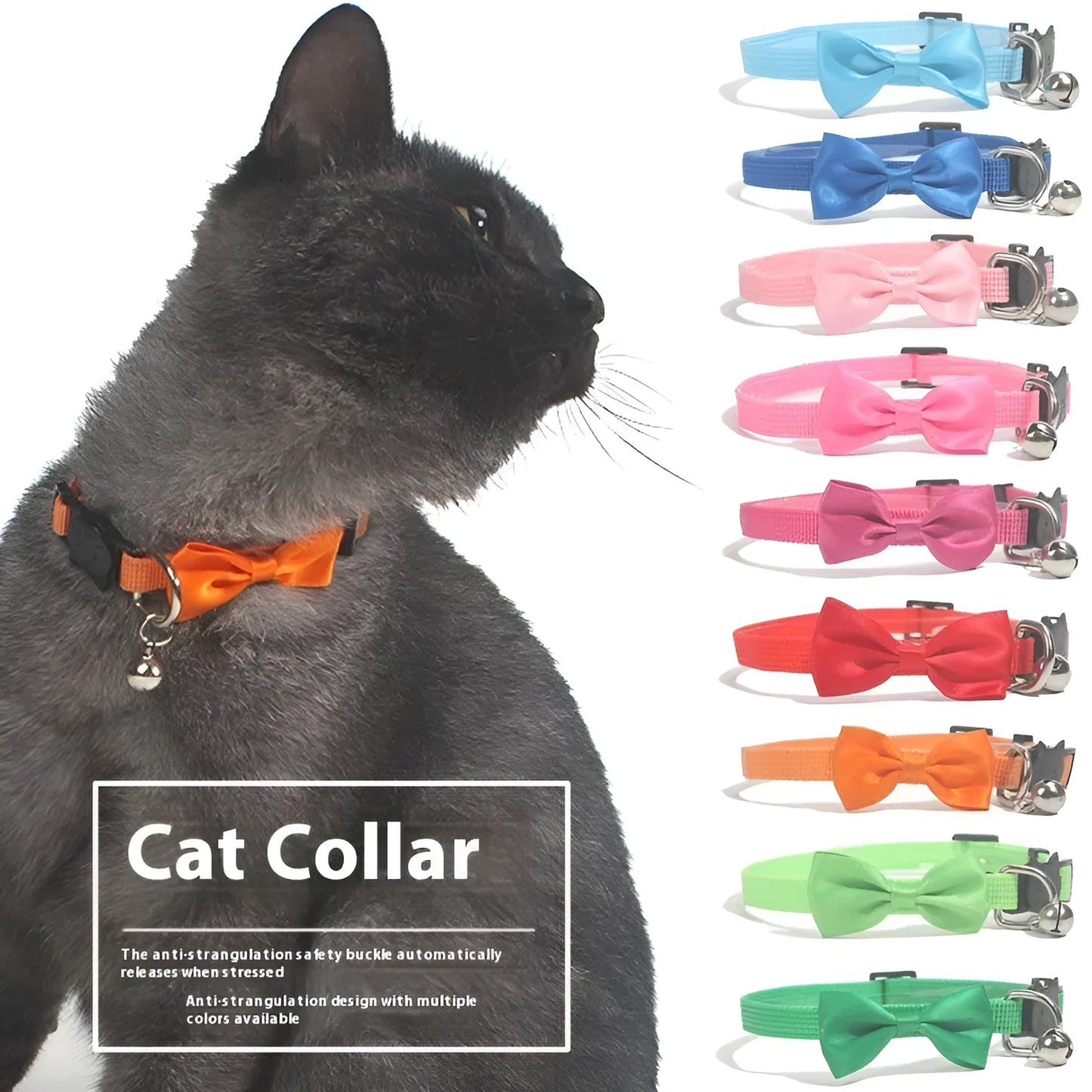 Adjustable nylon cat collar with bell decoration in striped pattern, multiple colour options available