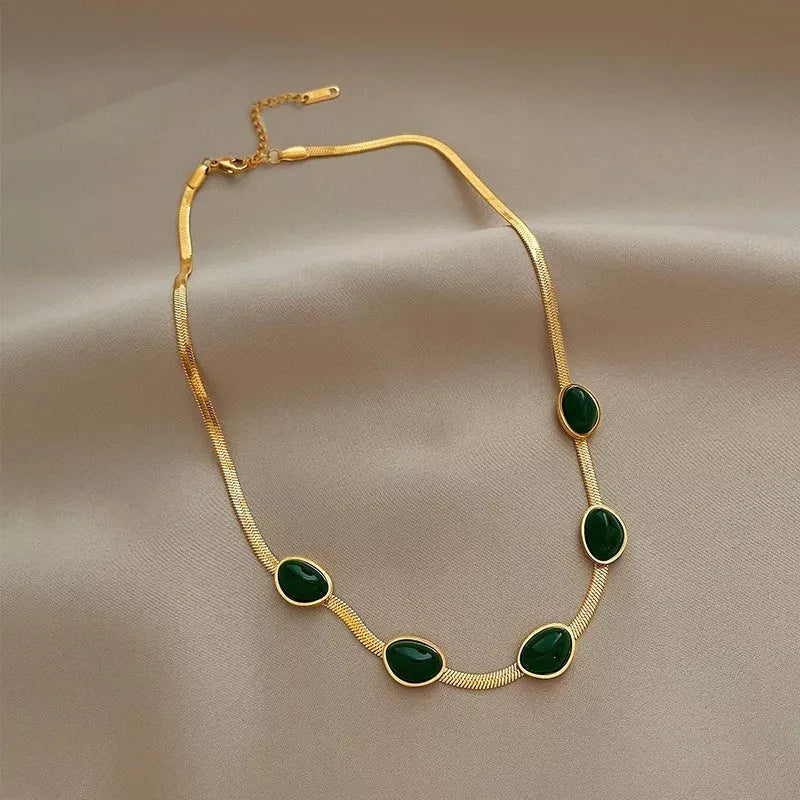 Boho green stone crystal snake chain multilayer necklace and bracelet set for women