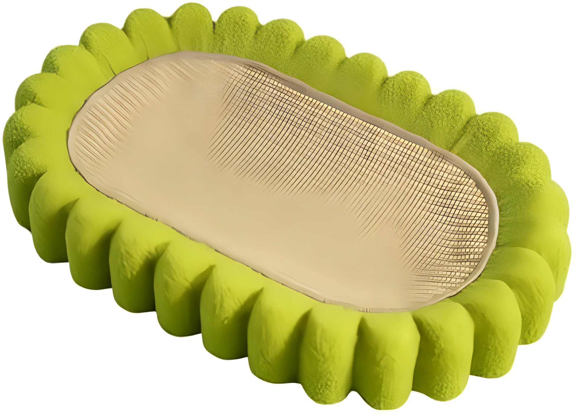 Green oval sisal cat scratching pad and lounge bed on a wooden floor.