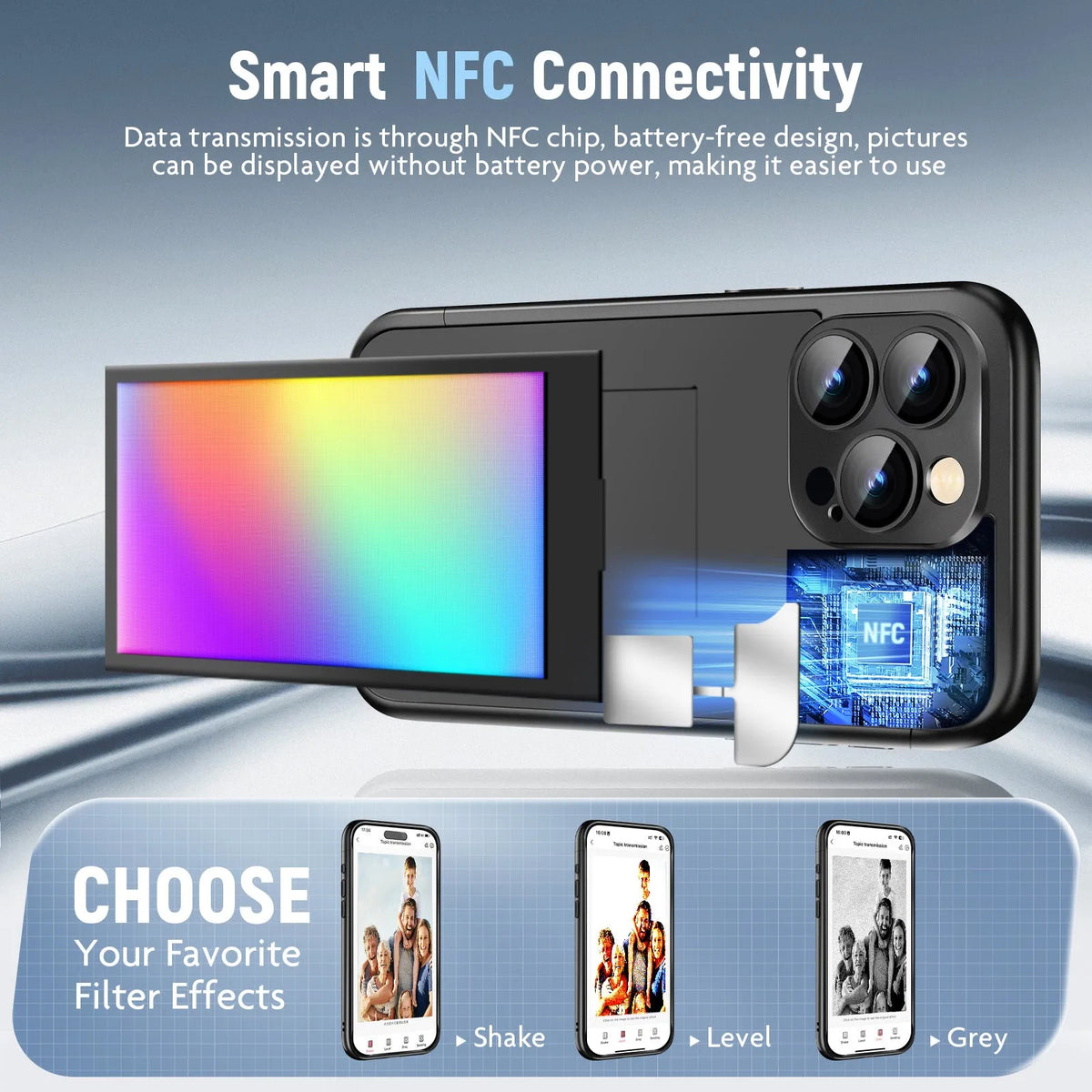 Black iPhone 15 Pro Max flip phone case with a custom graphic displayed on its integrated E Ink screen.