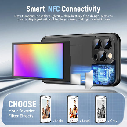 Black iPhone 15 Pro Max flip phone case with a custom graphic displayed on its integrated E Ink screen.