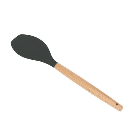 Dark grey silicone cooking utensils with wooden handles including spatula, spoon, whisk, and tongs