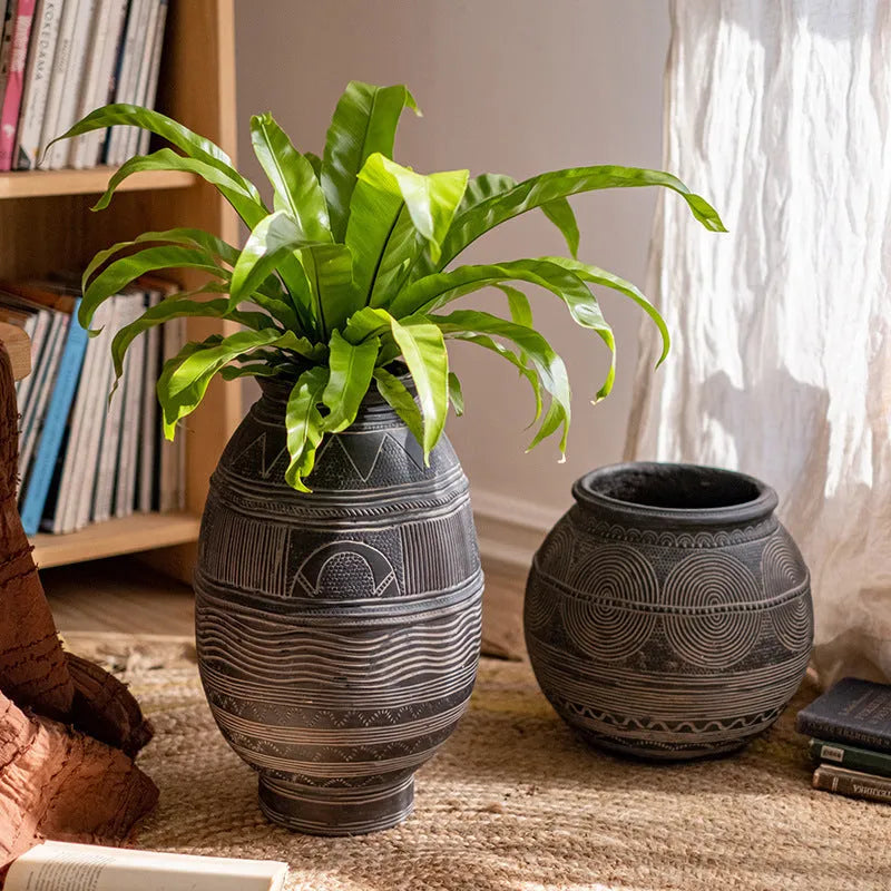 Medium African Ancient Tank Flower Pot Cement Floor Decorative Planter Ethnic Style Home Gardening Plant Pot with Pre-Punched Drainage
