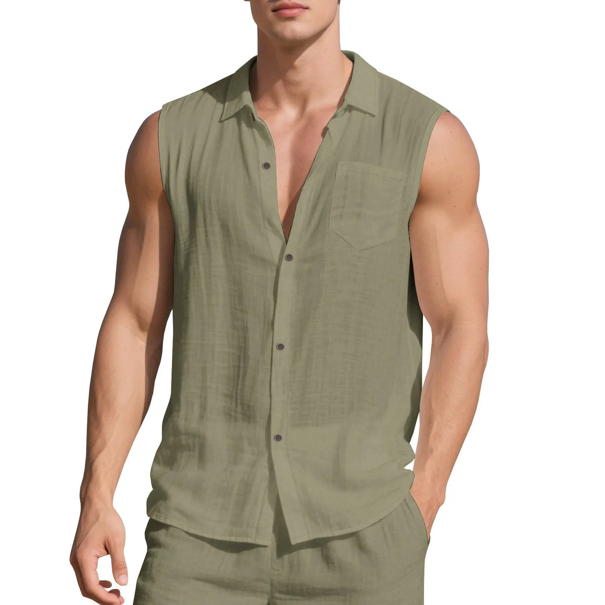Man's sleeveless linen cardigan vest with a polo collar in a light khaki colour, laid flat.