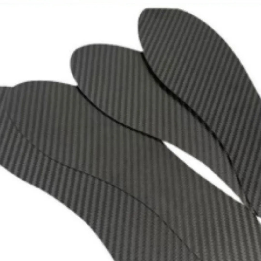 Black 3K carbon fibre full palm running insole showing texture, with size and thickness options displayed.