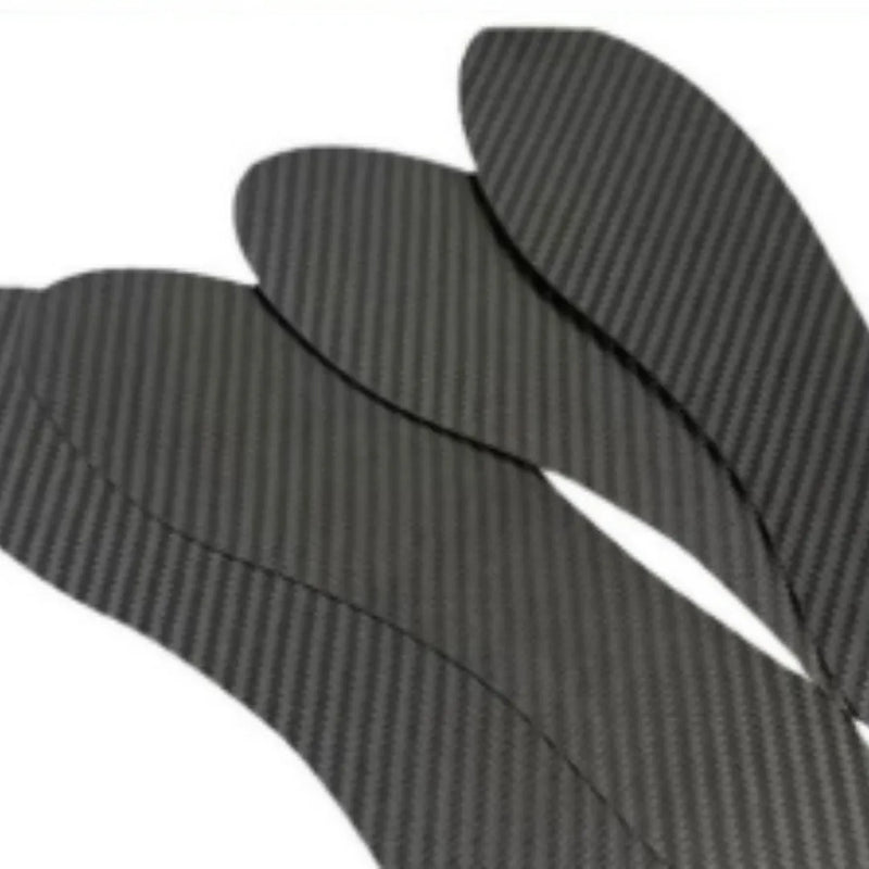 3K full palm carbon fibre running insoles for shock absorption and high elasticity, available in sizes 34-48 and thicknesses 0.8mm, 1.0mm, and 1.2mm in black.