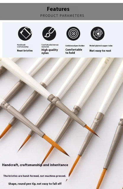 Set of 12 pearl white nylon wool hook line art brushes in a solid wood pen holder.