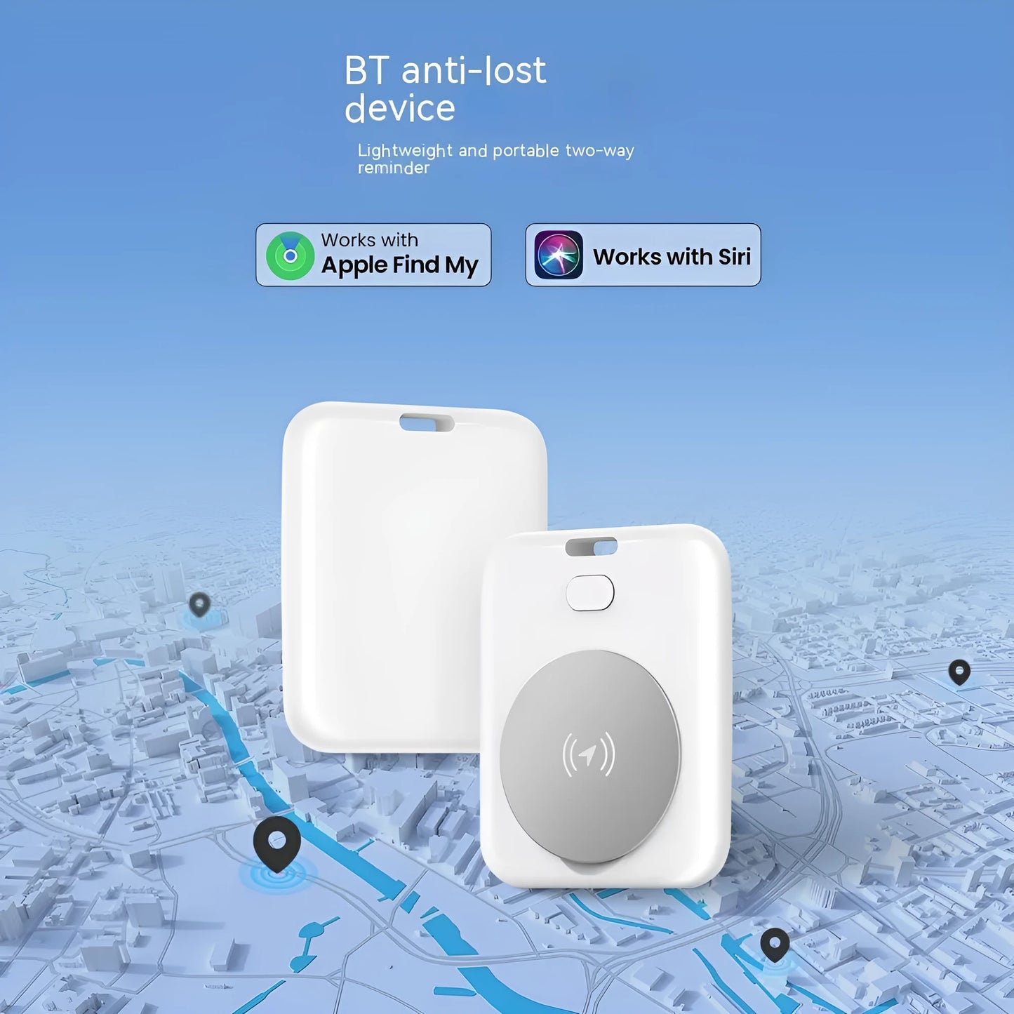 White ABS plastic pet GPS tracker with Apple device compatibility, showing compact design and collar attachment.