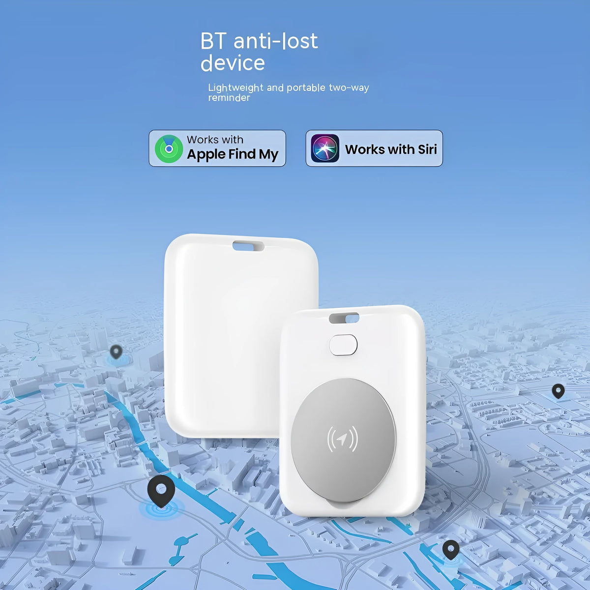 White ABS plastic pet GPS tracker with Apple device compatibility, showing compact design and collar attachment.