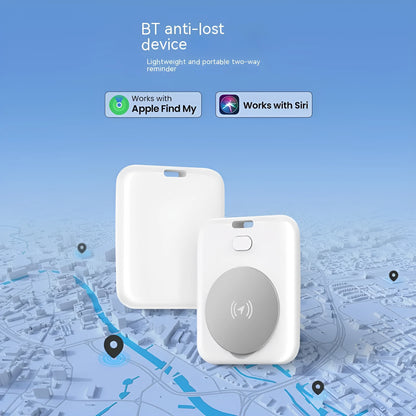 White ABS plastic pet GPS tracker with Apple device compatibility, showing compact design and collar attachment.