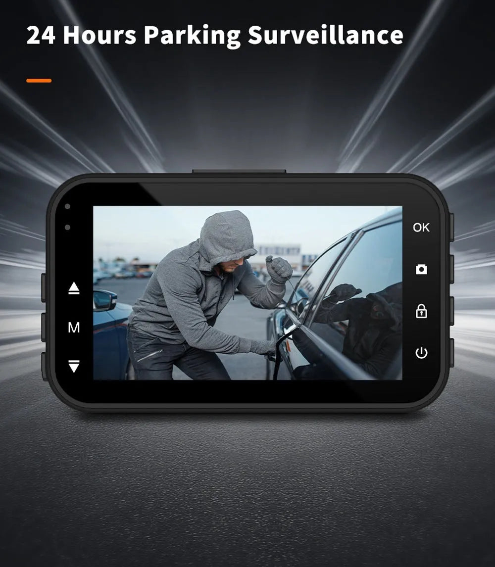 ThiEYE front and rear dash cam system with 3-inch screen showing dual camera views