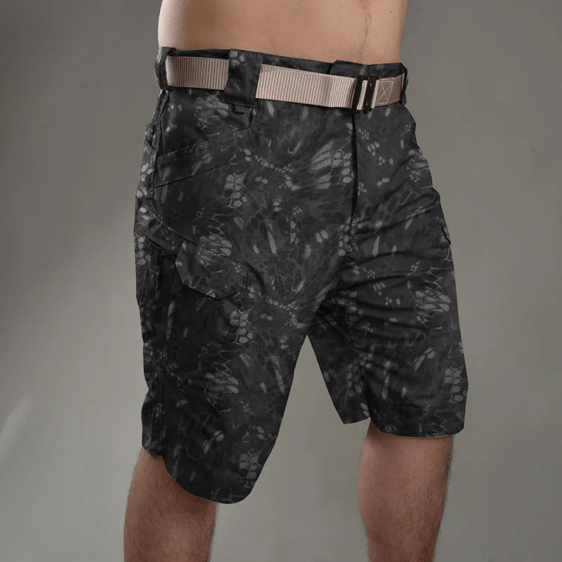 Men's cotton blend tactical shorts in camouflage pattern for outdoor hiking and camping activities