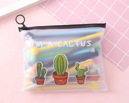 Marvel cactus character 20-pen set with 21cm plastic storage case showing 0.5mm black ink pens