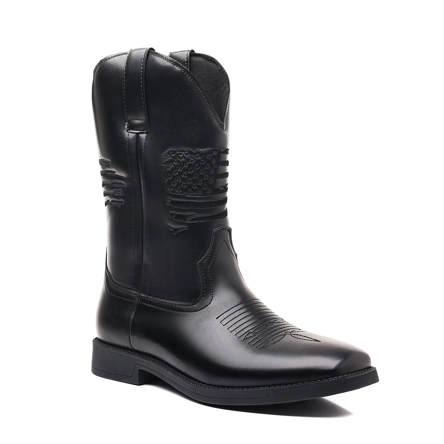 Men's brown retro wide square-toe cowboy boots with high shaft and horseshoe low heel on a white background.