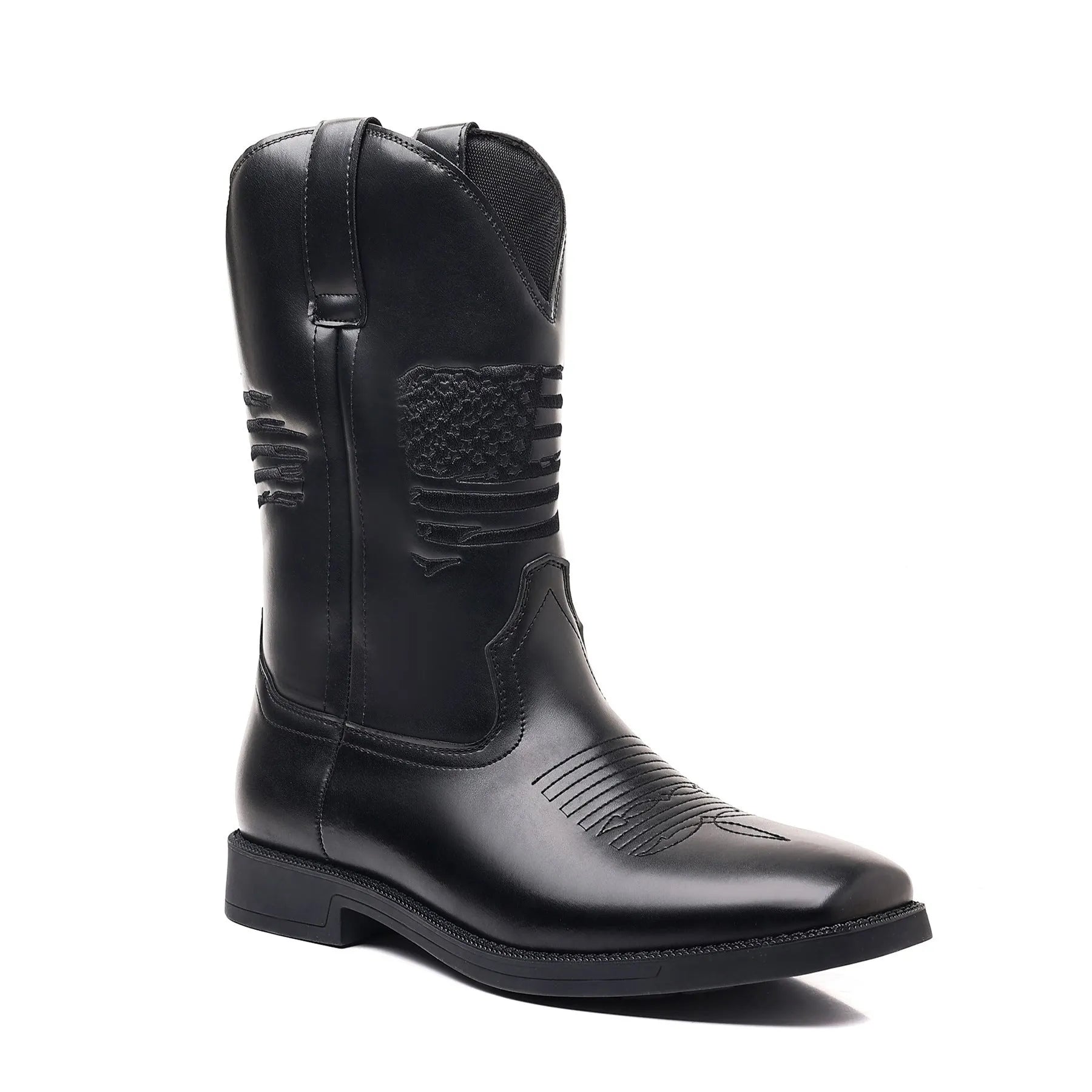 Men's brown retro wide square-toe cowboy boots with high shaft and horseshoe low heel on a white background.