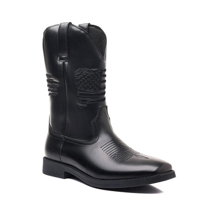 Men's brown retro wide square-toe cowboy boots with high shaft and horseshoe low heel on a white background.