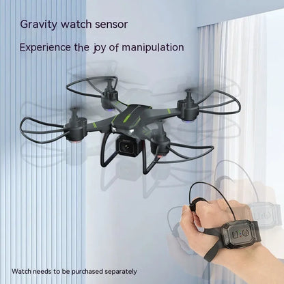 Blue remote control drone with four propellers and protective frame for aerial photography