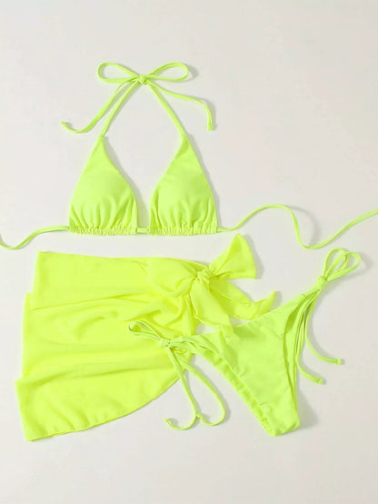 Women's three-piece mesh bikini swimsuit in vibrant colours, perfect for summer