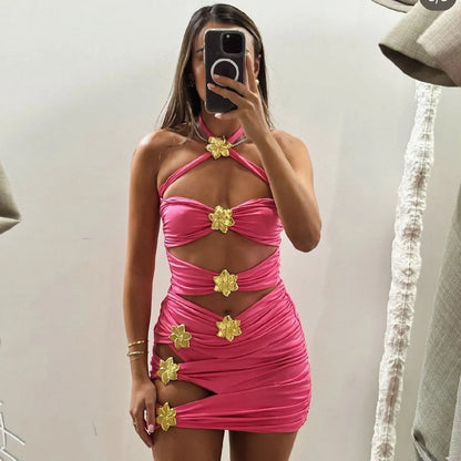 Solid colour women's one-piece swimsuit with attached short skirt and strapless hollow-out tube top design.
