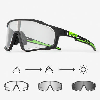 Photochromic cycling sunglasses with TR90 frame in semi-rimless unisex style on a solid colour background.