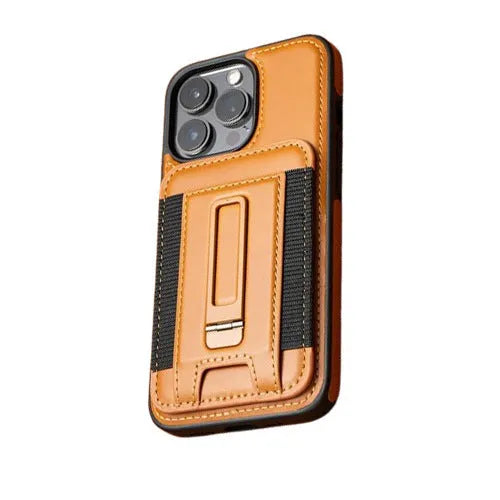 Magnetic card holder iPhone case in imitation leather with bracket, drop-resistant, shown in Black, Blue, Light Brown and Wine Red.