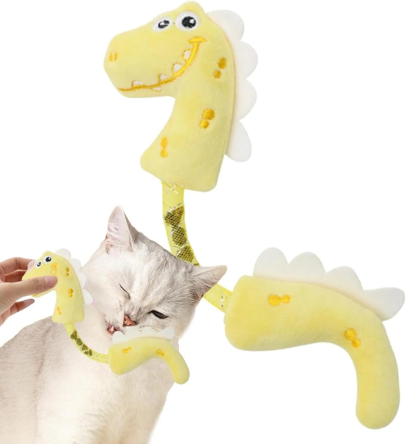 Set of four colourful plush cat toys: a mouse, a fish, a bunny, and a chew toy on a plain background.