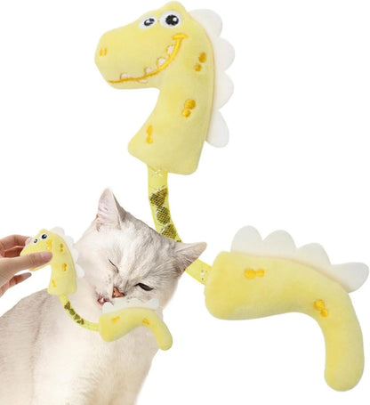 Set of four colourful plush cat toys: a mouse, a fish, a bunny, and a chew toy on a plain background.