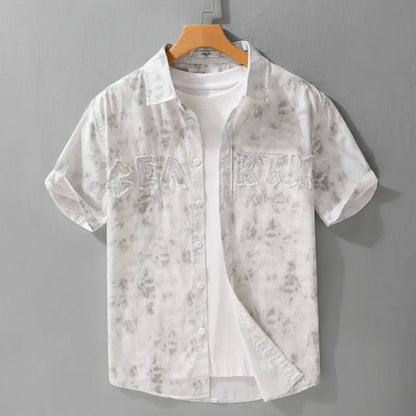 Men's grey white cotton short-sleeve cardigan with hanging dyed printed pattern, loose fit