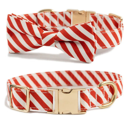 Striped personalised dog collar with engraved lettering in Candy Green colour with attached bow knot