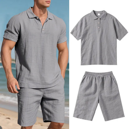 Men's light blue linen-blend short sleeve shirt and matching shorts casual summer suit set
