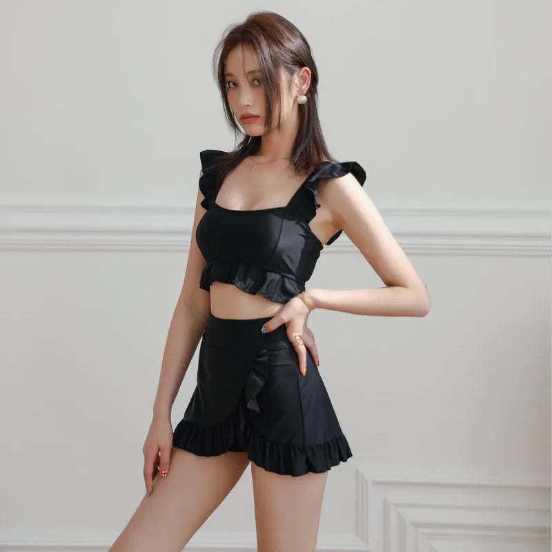 Women's split bikini swimsuit in black nylon, personalised fitting briefs style for swimming and wading in sizes M, L, and XL