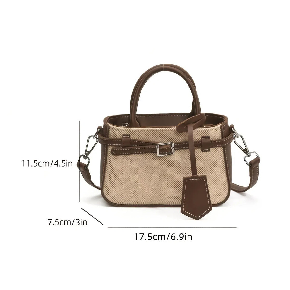 Brown PVC crossbody tote bag with suede lining, single strap, 17.5 x 11.5 x 7.5 cm vertical rectangular shape.