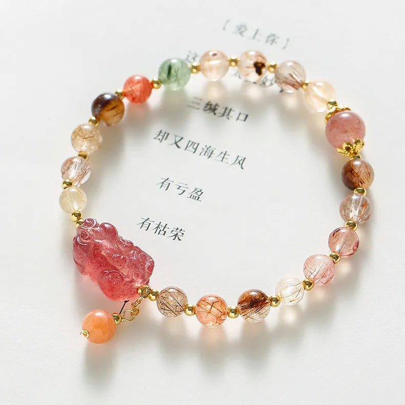 Women's strawberry quartz crystal bracelet with Pixiu charm and freshwater pearls on copper components