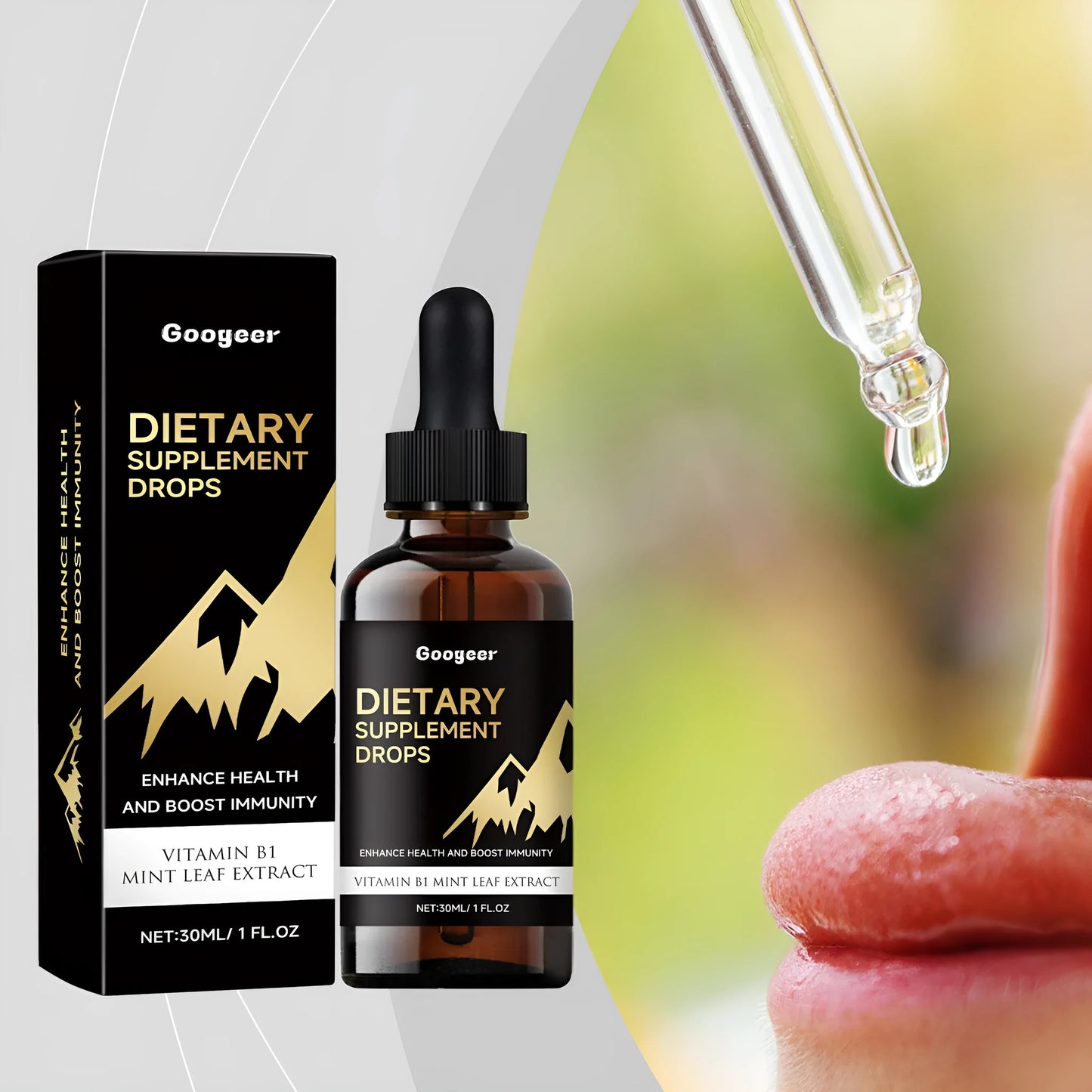 Liquid dietary supplement drops bottle with measurement dropper for precise dosage control