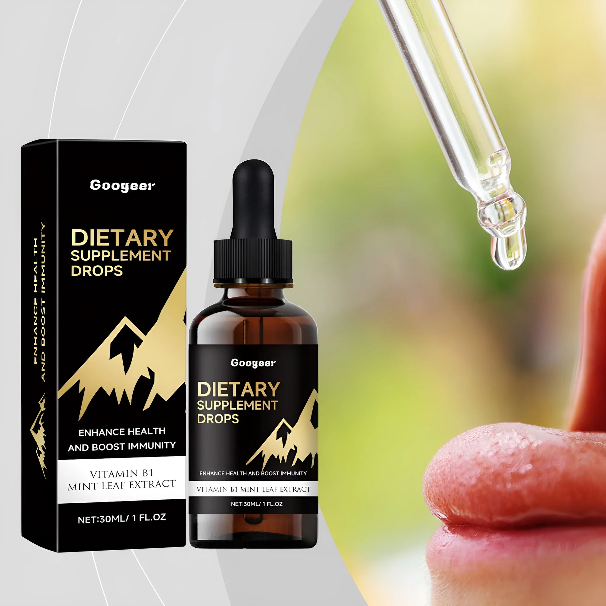 Liquid dietary supplement drops bottle with measurement dropper for precise dosage control