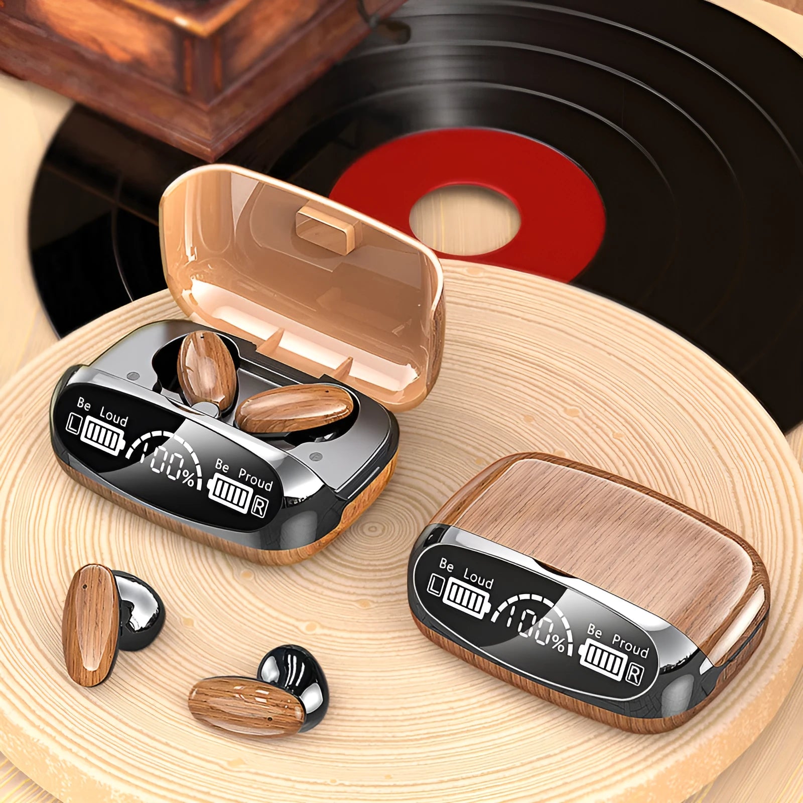 M35 wood grain finish TWS Bluetooth wireless headset with charging case