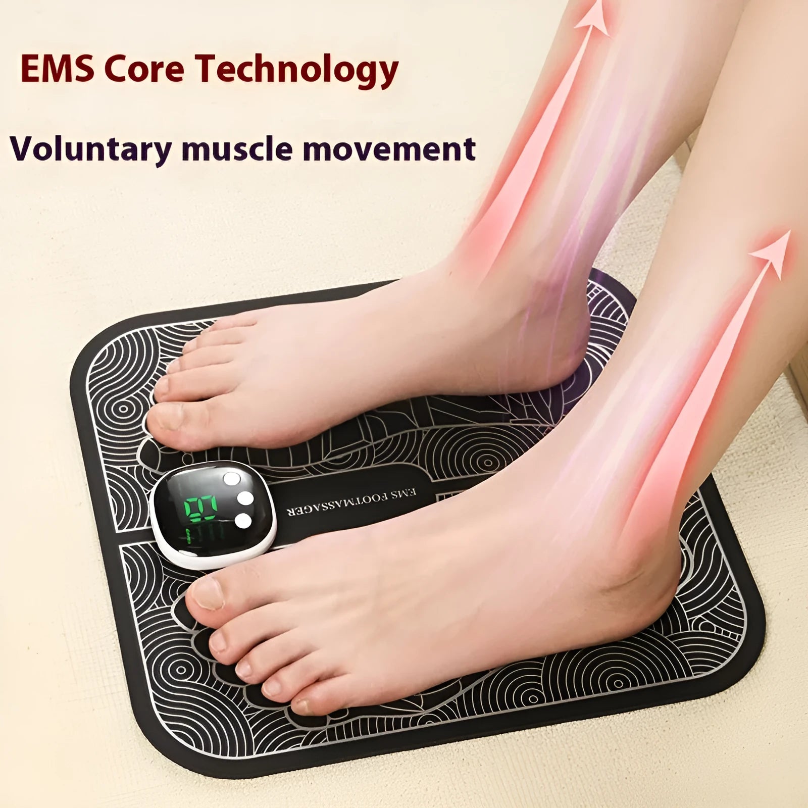 A blue rechargeable reflexology foot massager mat with a remote control on a wooden floor.